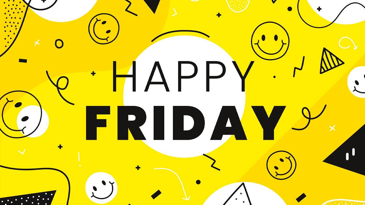 Friday 桌布 壁紙 — 充滿活力的黃色背景，粗體黑色文字寫著「HAPPY FRIDAY」，周圍環繞著俏皮的笑臉和幾何形狀。