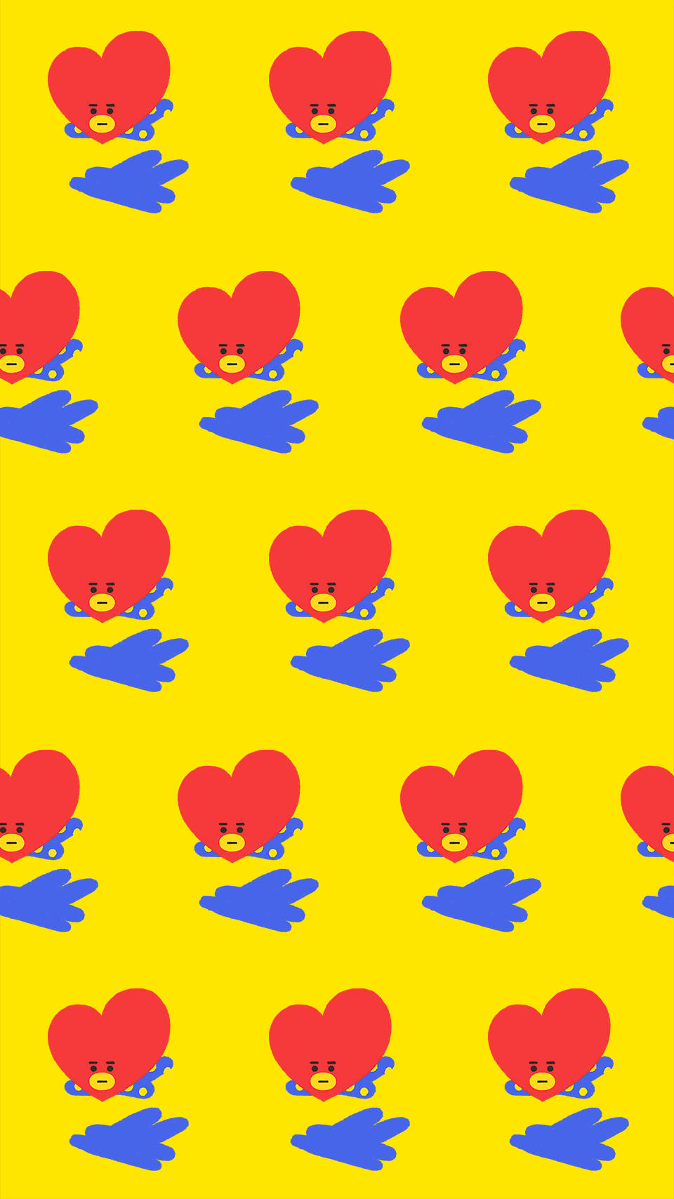 BT21 桌布 壁紙 — 充滿活力的黃色背景，重複著帶有藍色翅膀的紅色心形圖案，形成有趣的圖案。
