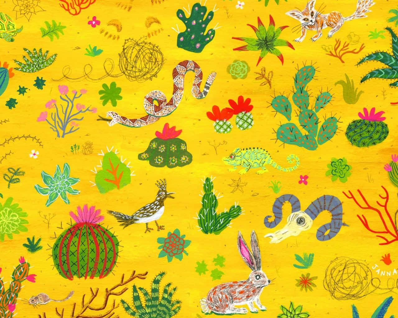 Aesthetic Yellow 桌布 壁紙 — 充滿活力的黃色背景，點綴著以鮮綠色、粉紅色和紅色繪製的異想天開的手繪沙漠動物和仙人掌。