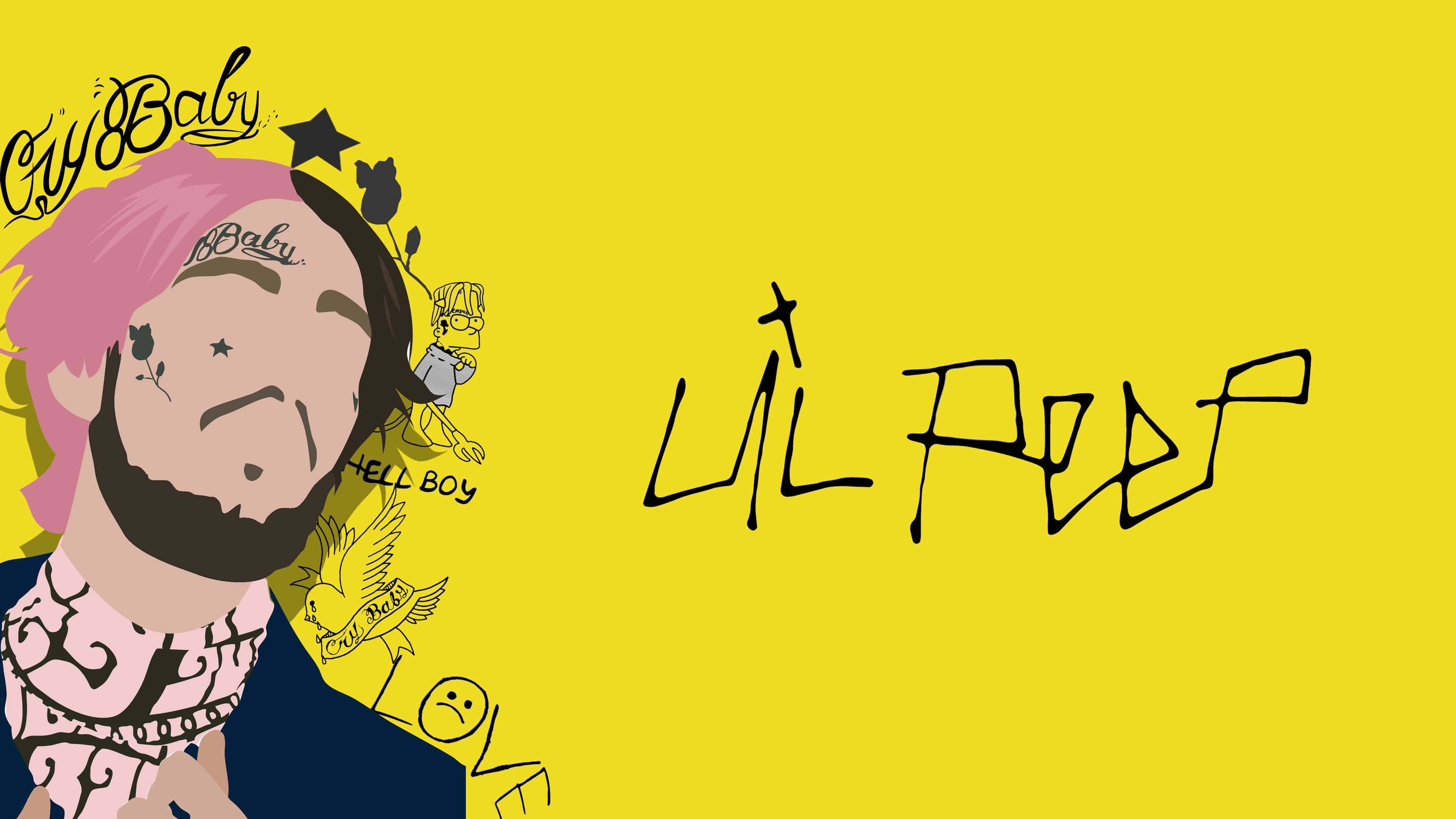 Peep 桌布 壁紙 — 充滿活力的黃色背景上，有Lil Peep的風格化卡通肖像，粉紅色頭髮、刺青和塗鴉，包括Hellboy和一隻鳥。