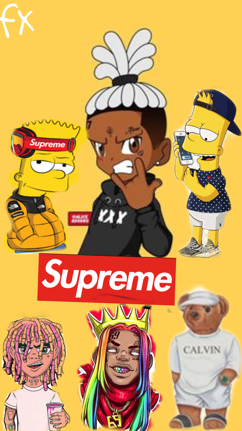 Lil Uzi Cartoon 桌布 壁紙 — 充滿活力的黃色背景上，有卡通角色包括巴特·辛普森和一隻穿著Supreme和Calvin Klein品牌服裝的泰迪熊。