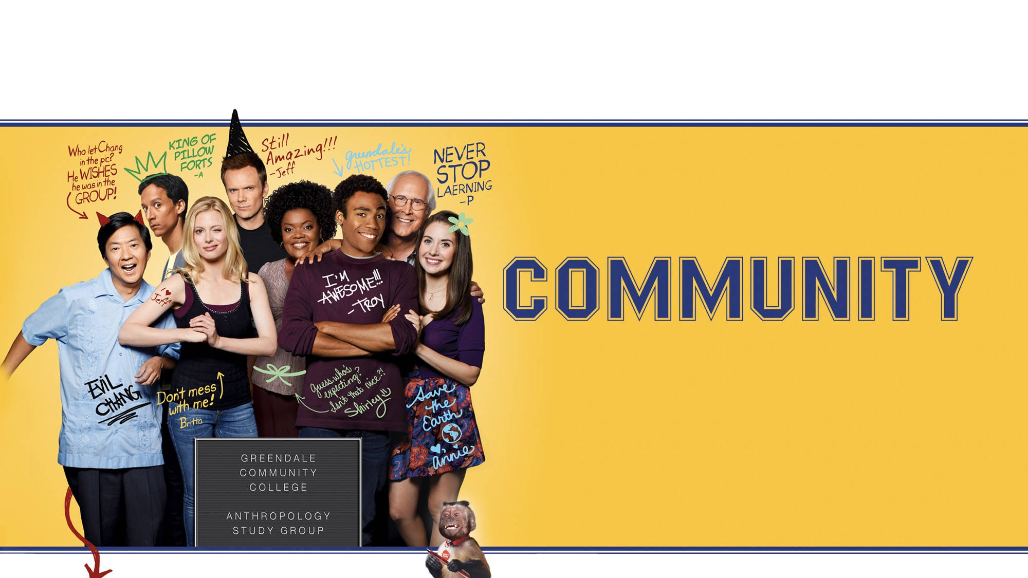 社群 桌布 壁紙 — 充滿活力的黃色背景展示了《Community》的演員陣容，面帶微笑並擺出姿勢，附有手寫角色語錄和節目名稱。