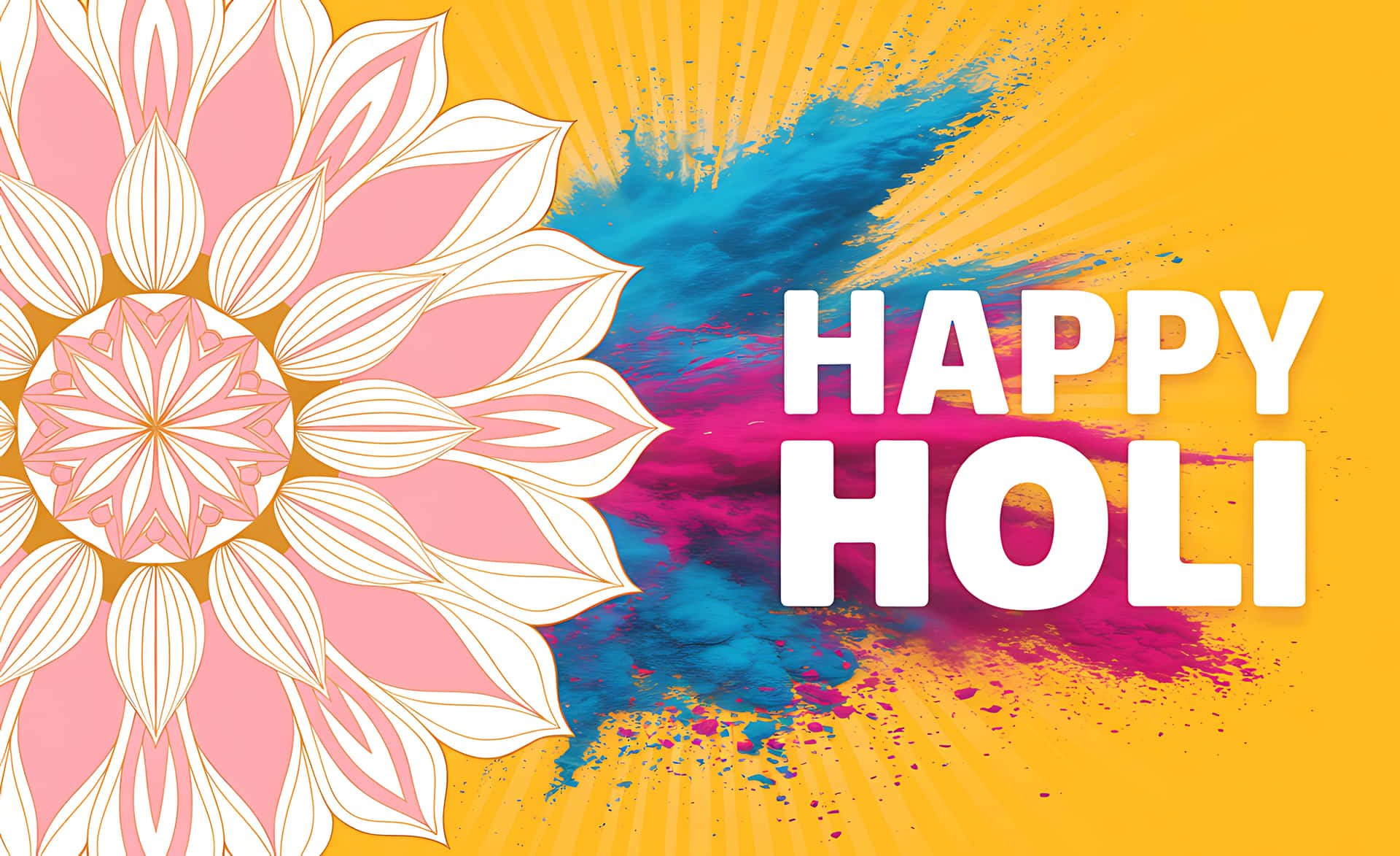 Vibrant holi celebration with colorful flower design 壁紙 — 充滿活力的黃色背景爆發藍色、粉紅色和洋紅色的粉末飛濺，旁邊是一朵粉紅色和白色的曼陀羅花，並有粗體白色文字寫著 happy holi。