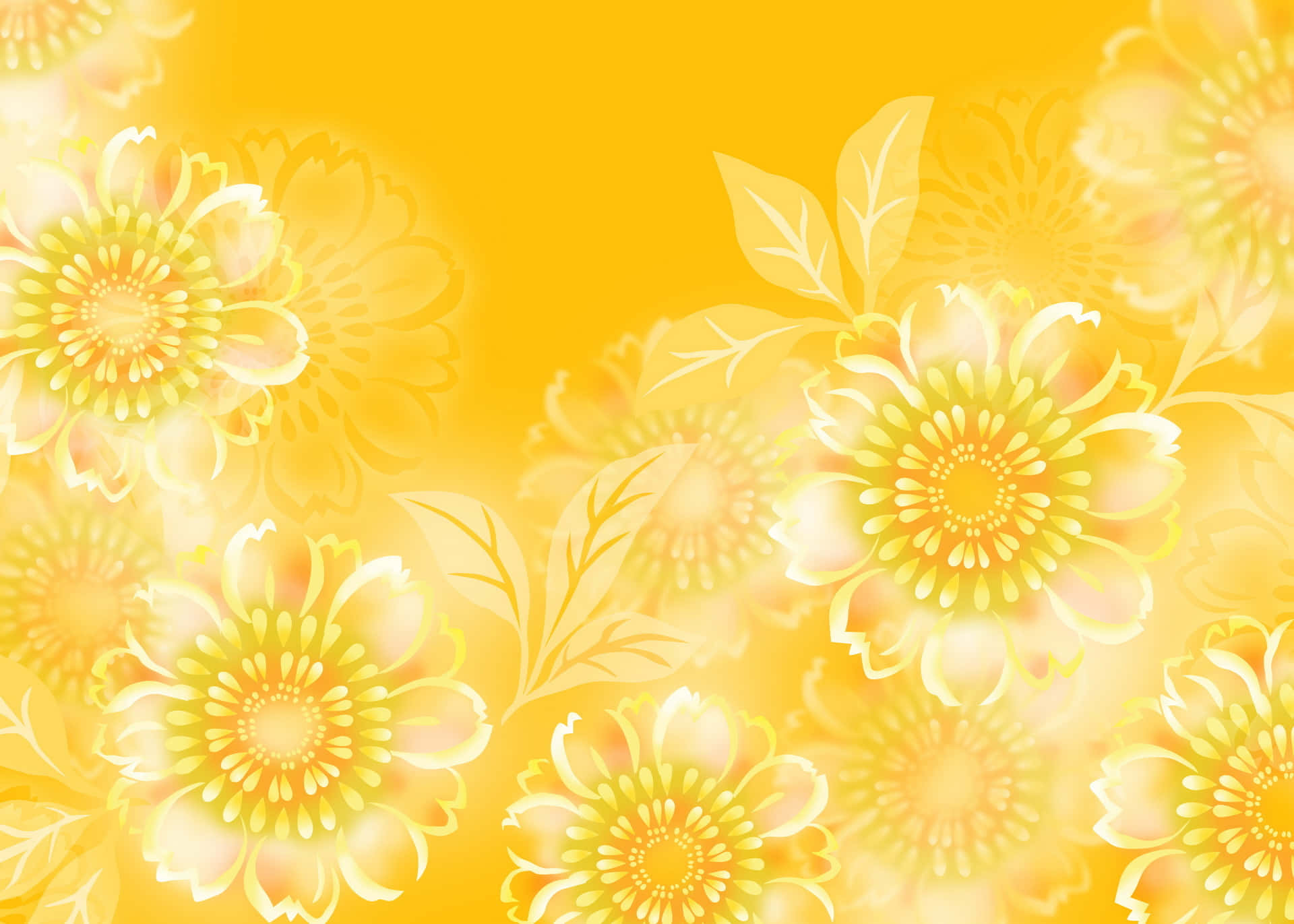 桌布 壁紙 — 充滿活力的黃色花卉圖案，帶有發光雛菊和柔軟葉片，襯托在燦爛的金色背景上。