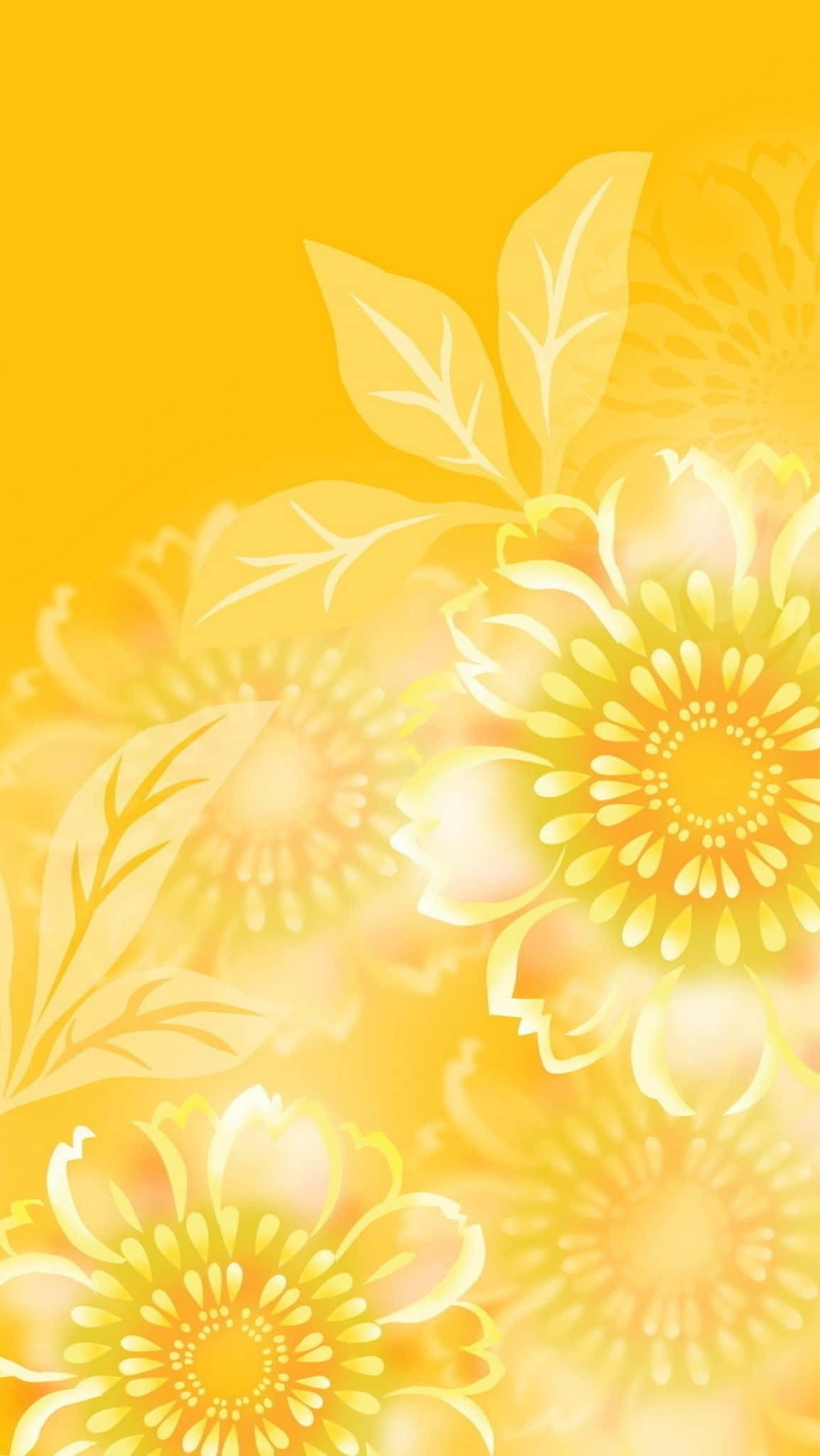 Yellow Summer 桌布 壁紙 — 充滿活力的黃色花卉圖案，帶有發光的向日葵剪影，襯托在燦爛的金色背景上。