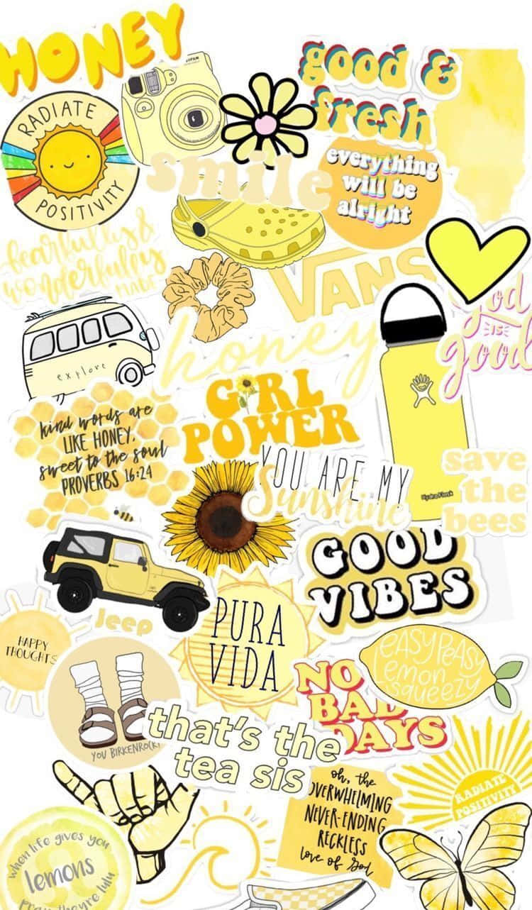 Cute Stickers 桌布 壁紙 — 充滿活力的黃色貼紙拼貼，包含勵志名言、向日葵以及相機和廂型車等可愛塗鴉。