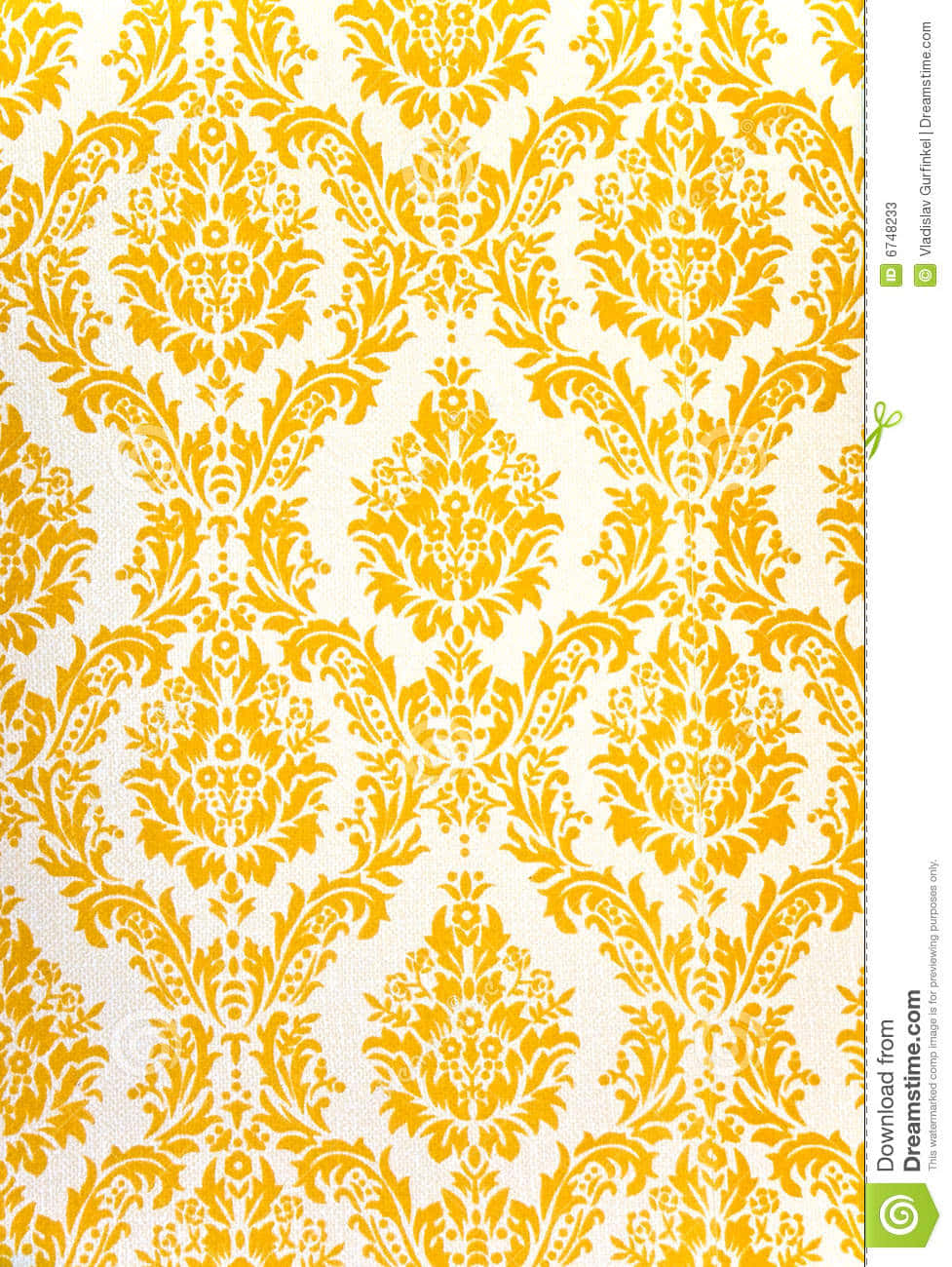 Retro Yellow 桌布 壁紙 — 充滿活力的黃色錦緞圖案，印在奶油色紋理壁紙上，帶有精緻的花卉和葉子圖案垂直重複。