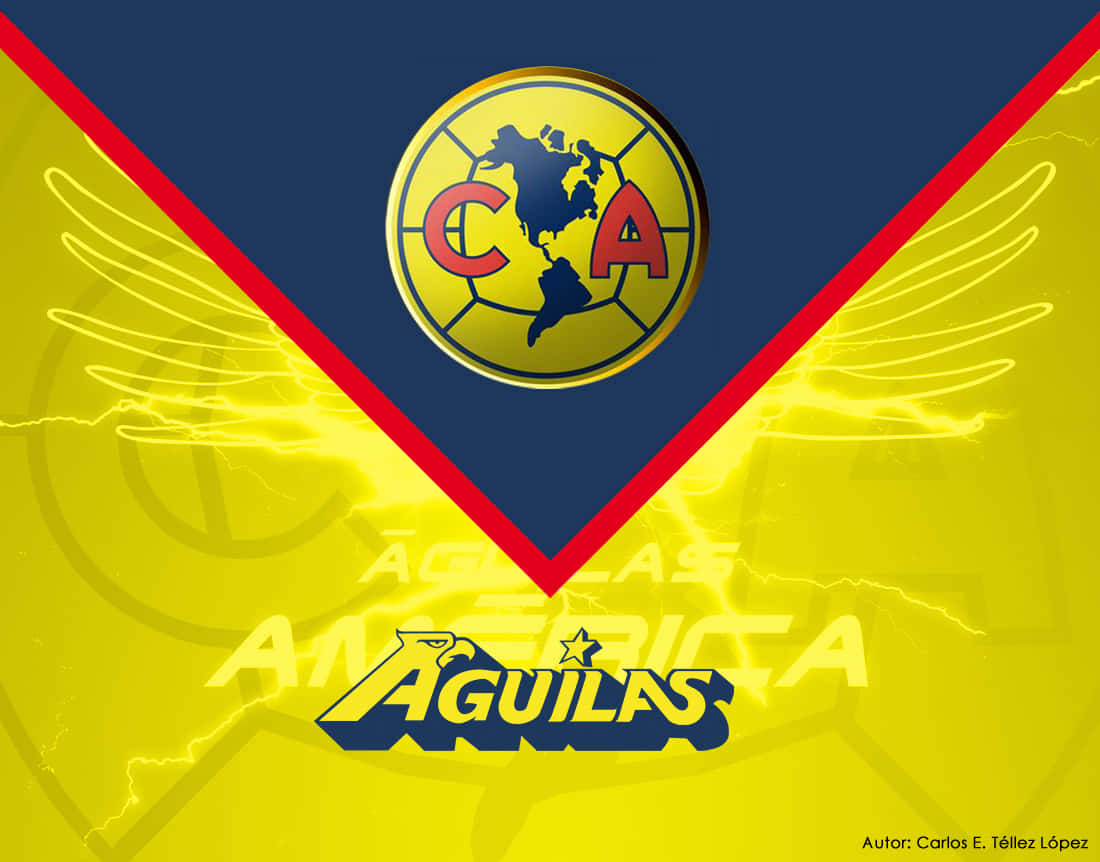Club America 桌布 壁紙 — 充滿活力的黃藍色壁紙，帶有Club América的標誌、翅膀和「Águilas」文字。