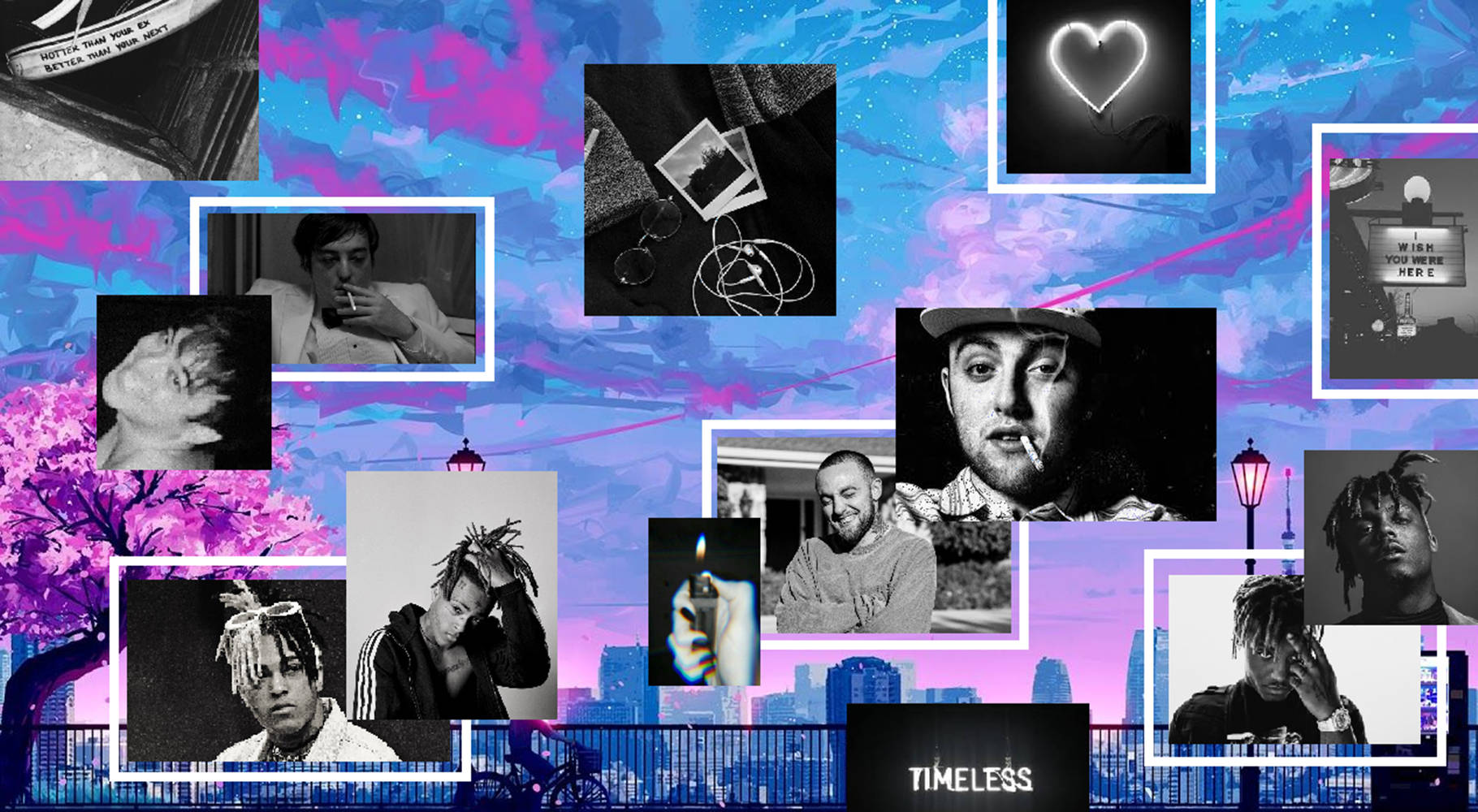 以夜間霓虹城市天際線為背景的名人照片拼貼。 — Juice Wrld 壁紙