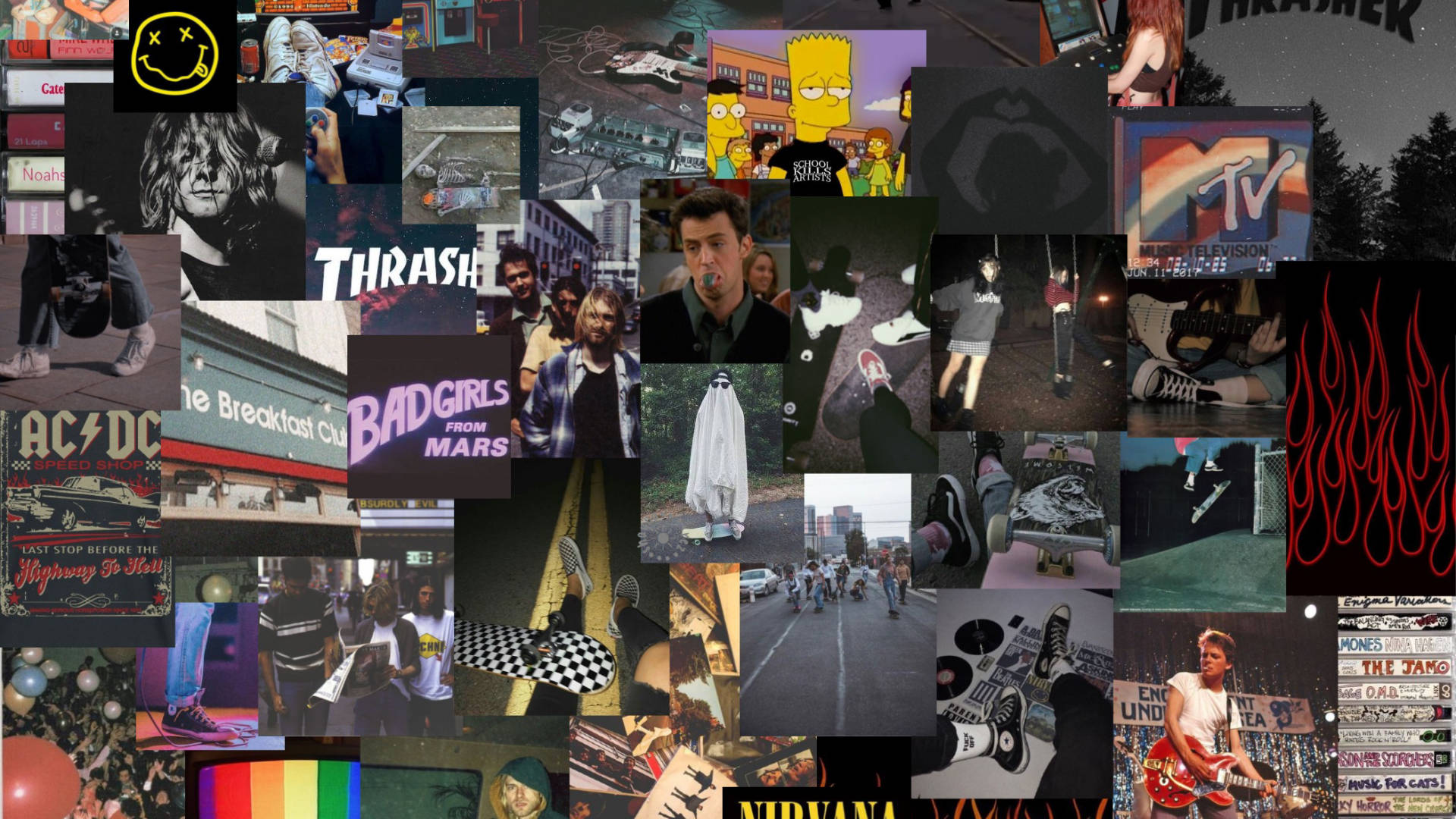 skate 桌布 壁紙 — 充滿活力的龐克搖滾圖像拼貼畫，包含樂隊標誌、標誌性專輯封面和粗獷的街頭場景。