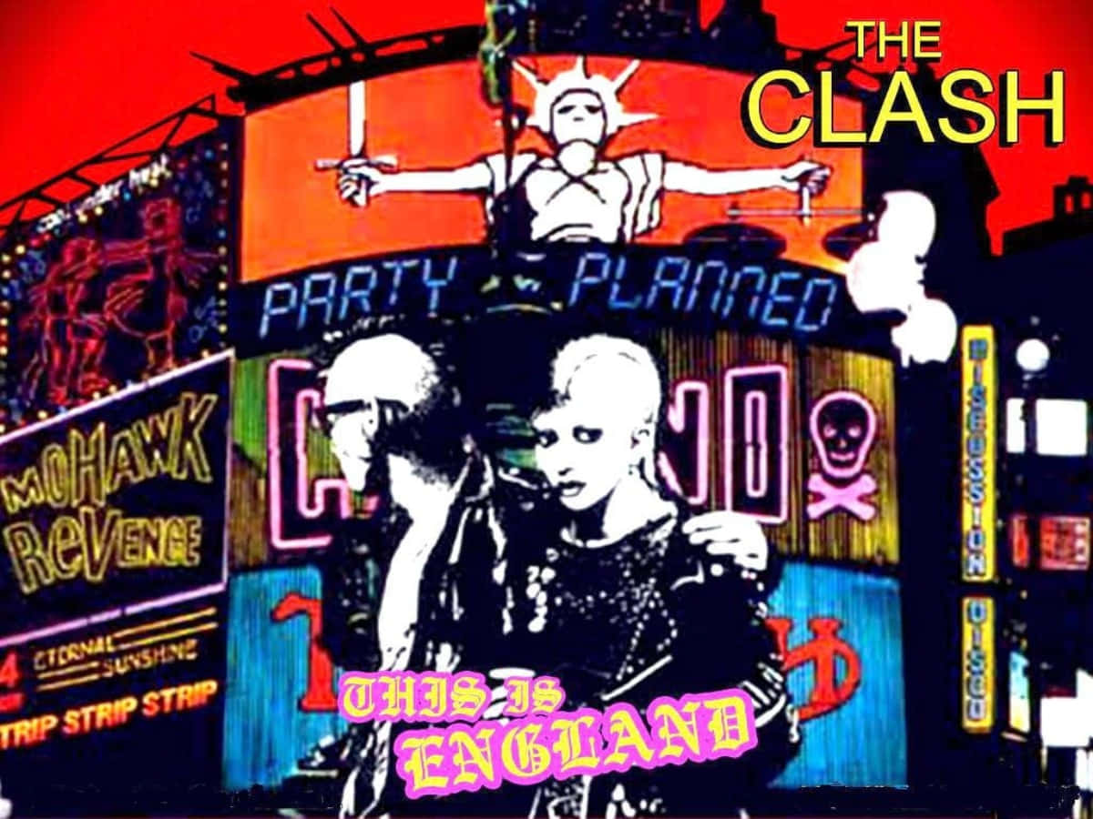 punk 桌布 壁紙 — 充滿活力的龐克搖滾海報， featuring The Clash，帶有霓虹燈標誌和一個尖刺頭髮的人物，背景是紅色天空。