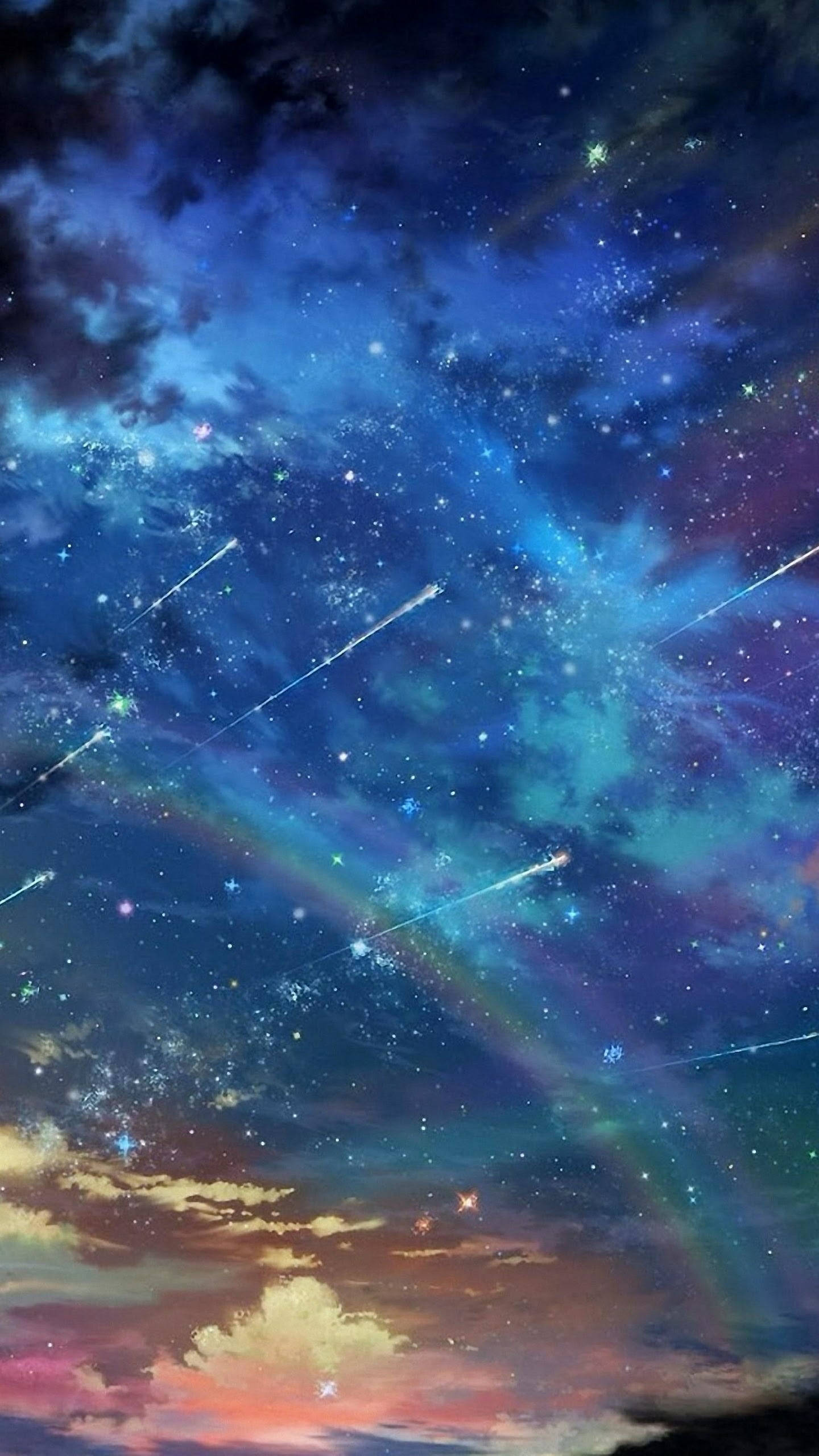 手機 桌布 壁紙 — 充滿流星和彩色星雲在日落地平線上方閃耀的充滿活力的宇宙天空。