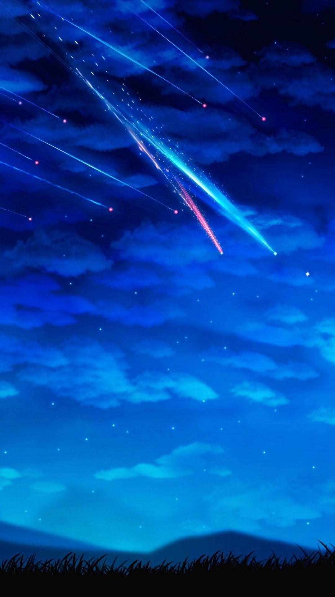 動漫風格 桌布 壁紙 — 充滿流星和星星劃過的鮮豔藍色夜空，下方是剪影般的草地山丘。