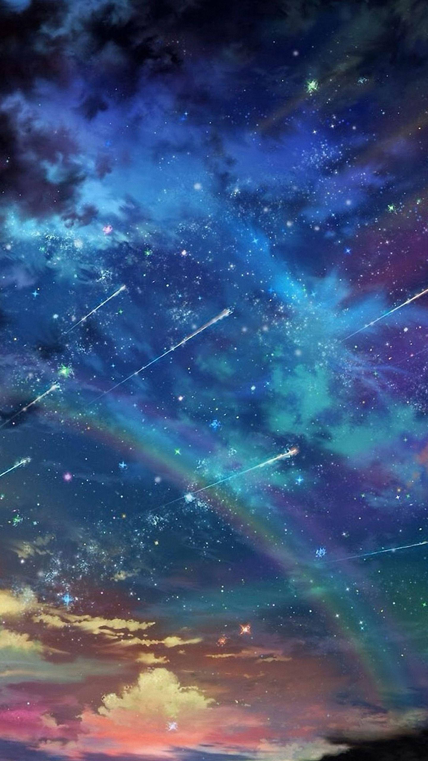 Xiaomi 桌布 壁紙 — 充滿流星和發光星雲的充滿活力的宇宙天空，與色彩繽紛的暮光雲融為一體。