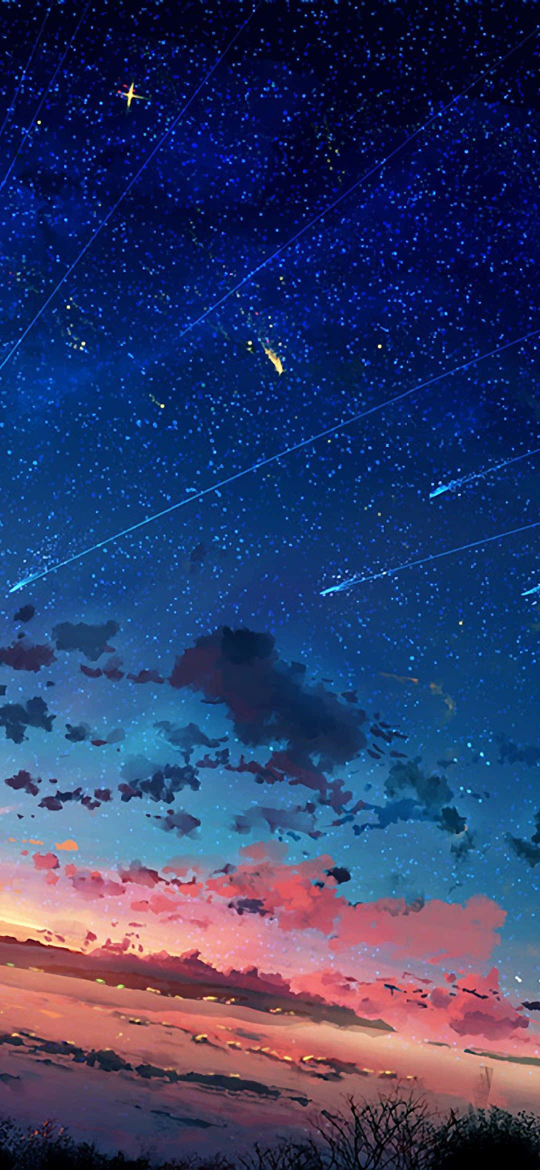 背景 桌布 壁紙 — 充滿流星和閃爍星星的鮮豔暮色天空，映襯著剪影般的雲層和樹梢。