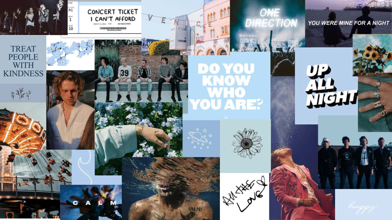 One Direction 桌布 壁紙 — 充滿流行文化時刻的鮮明拼貼畫，包含樂團照片、演唱會門票、勵志名言和藝術視覺效果，呈現年輕美學。