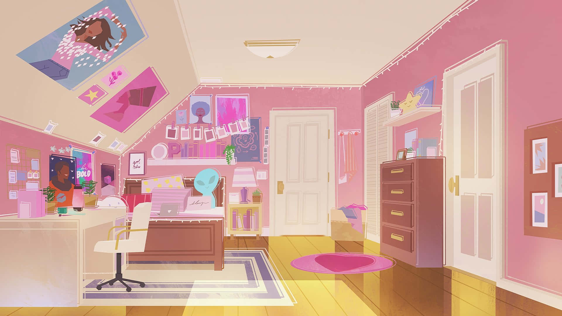 Cute Anime Bedroom 桌布 壁紙 — 充滿海報、外星人裝飾和溫暖木地板的充滿活力的粉紅色女孩臥室，在柔和的日光下。