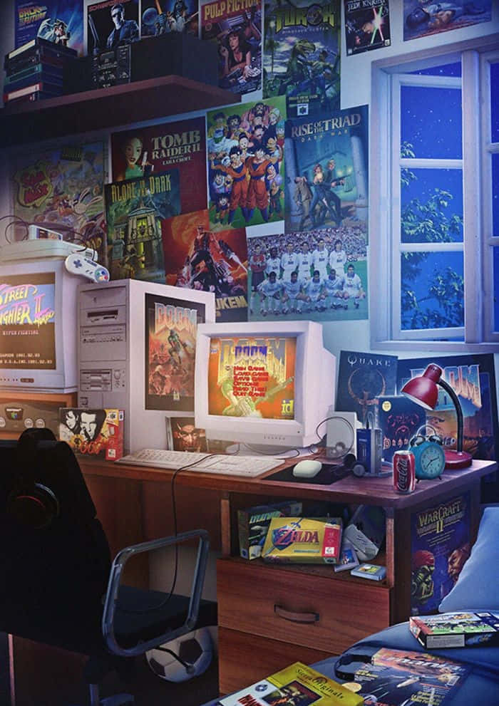 Gaming Art 桌布 壁紙 — 充滿海報、遊戲和閃爍著Doom的CRT顯示器的懷舊90年代遊戲玩家臥室。