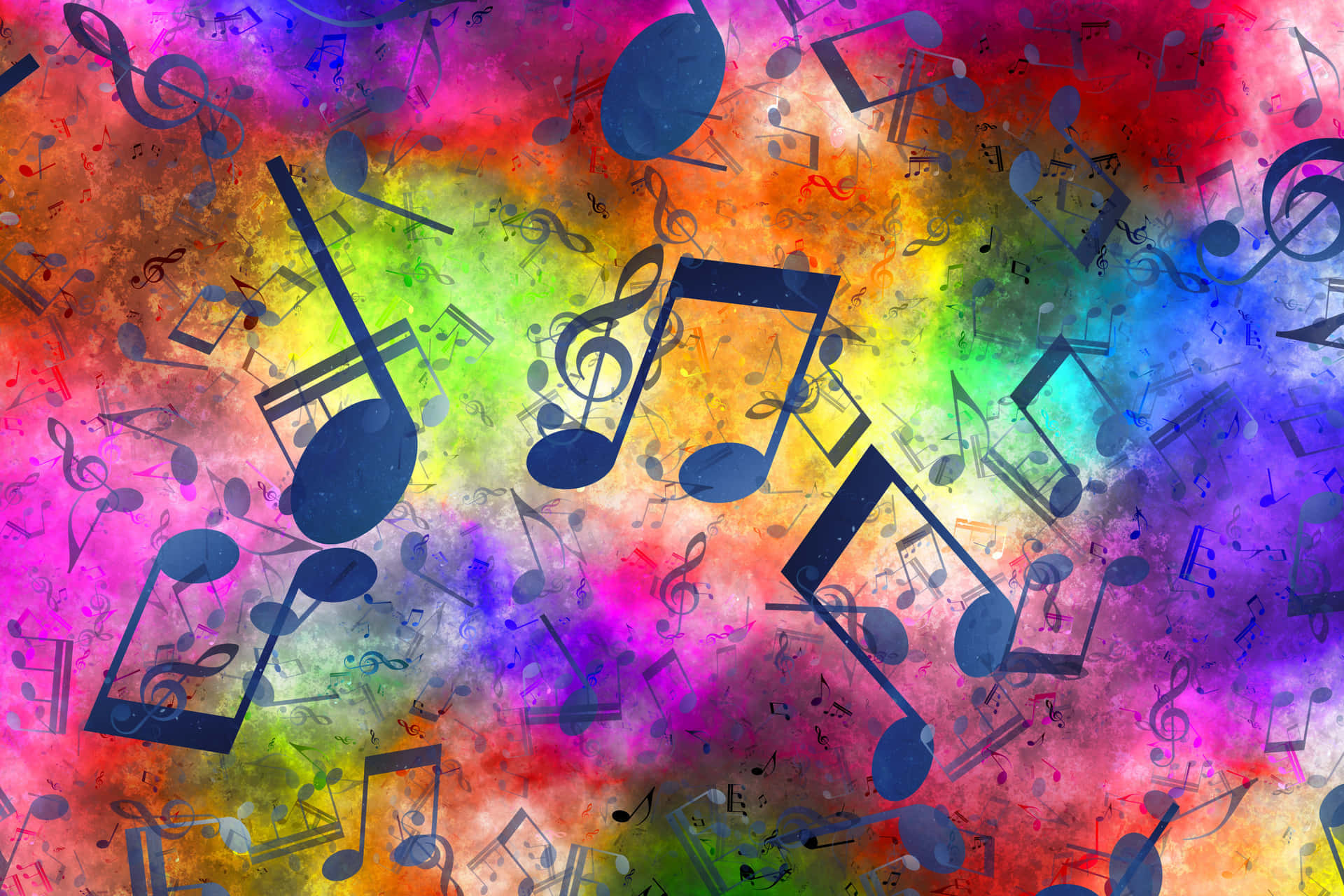 Music Notes 桌布 壁紙 — 充滿漂浮深藍色音符和符號的鮮豔彩虹水彩背景。