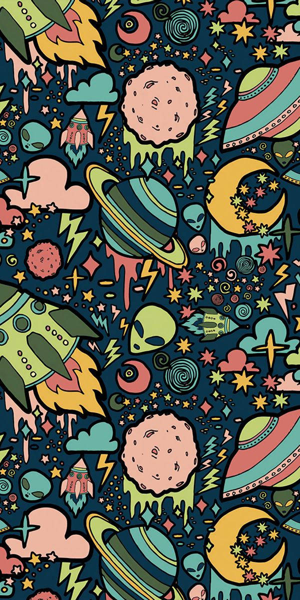 iPhone 7 plus space 桌布 壁紙 — 充滿火箭、外星人、行星和星星的鮮豔卡通風格太空壁紙，背景為深藍色。