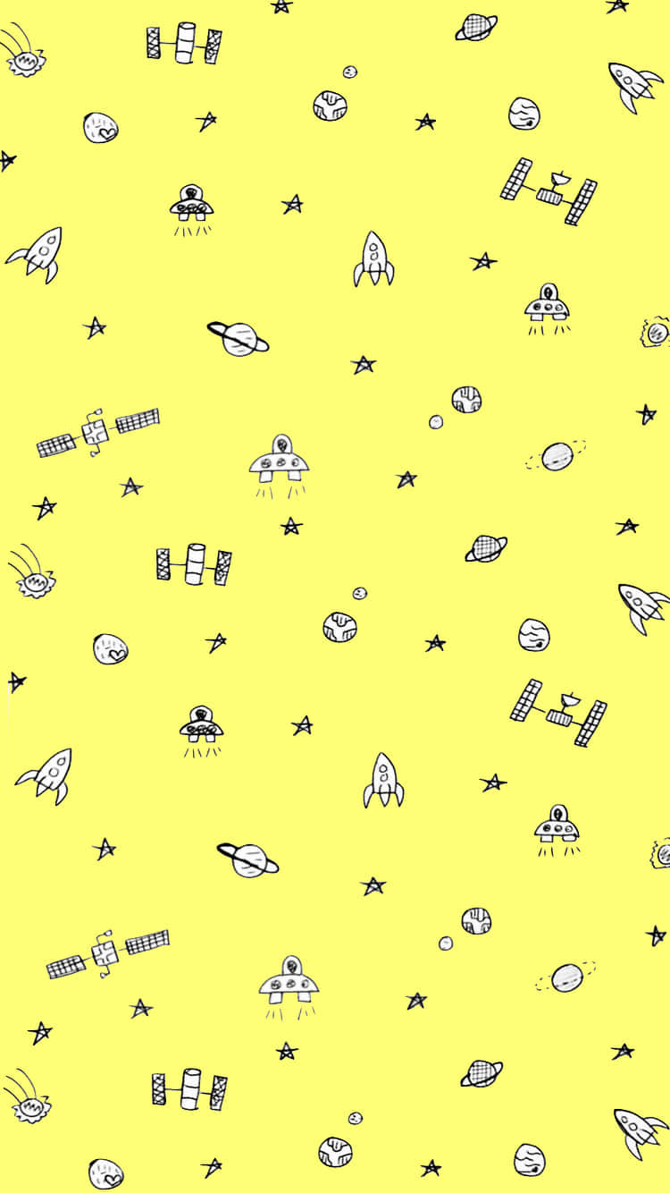 Yellow 桌布 壁紙 — 充滿火箭、太空船、行星和星星簡單黑色線條圖案的亮黃色壁紙。