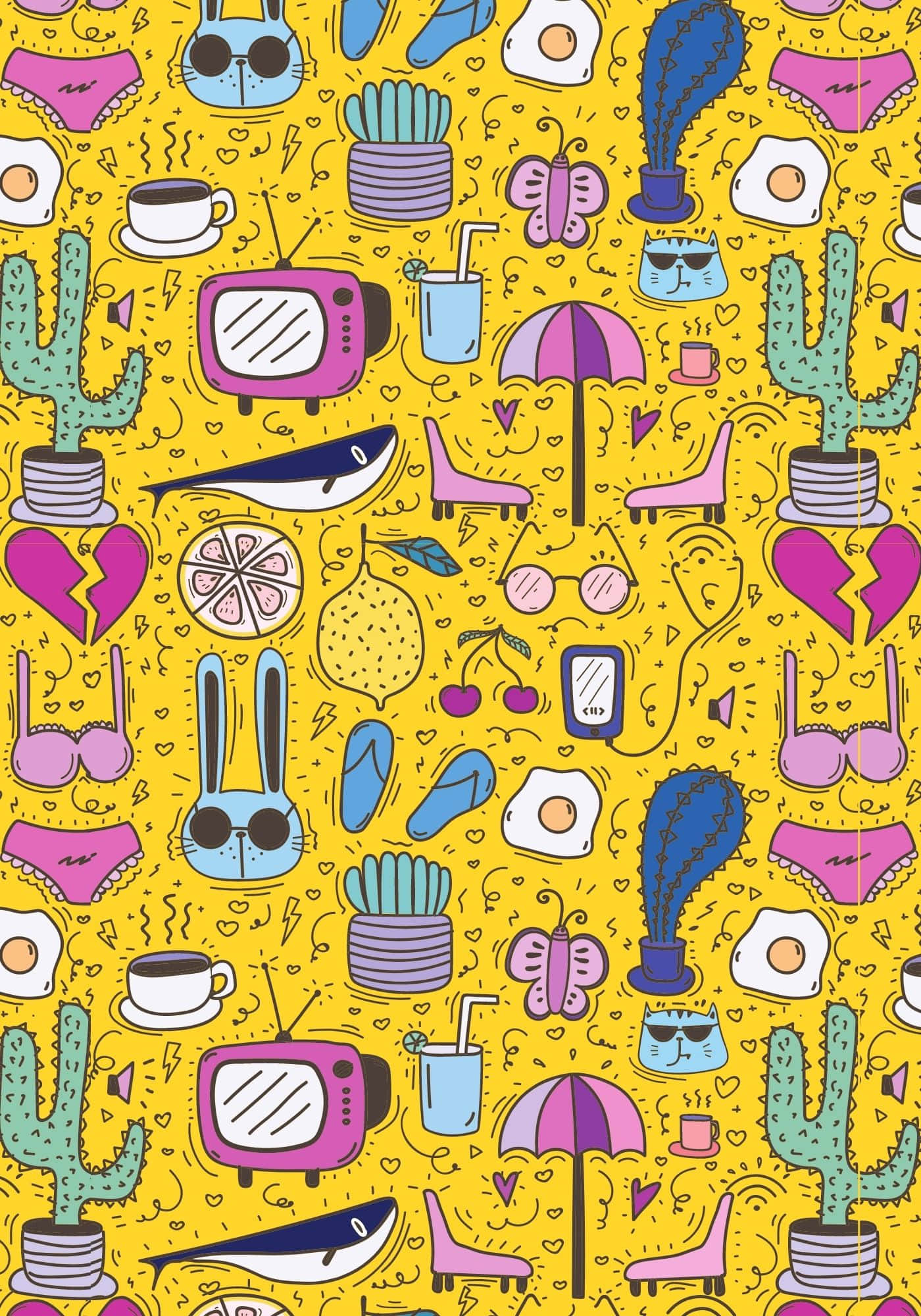 Graphics Design 桌布 壁紙 — 充滿玩味卡通圖案的鮮黃色壁紙圖案，包括仙人掌、咖啡杯和戴太陽眼鏡的動物。