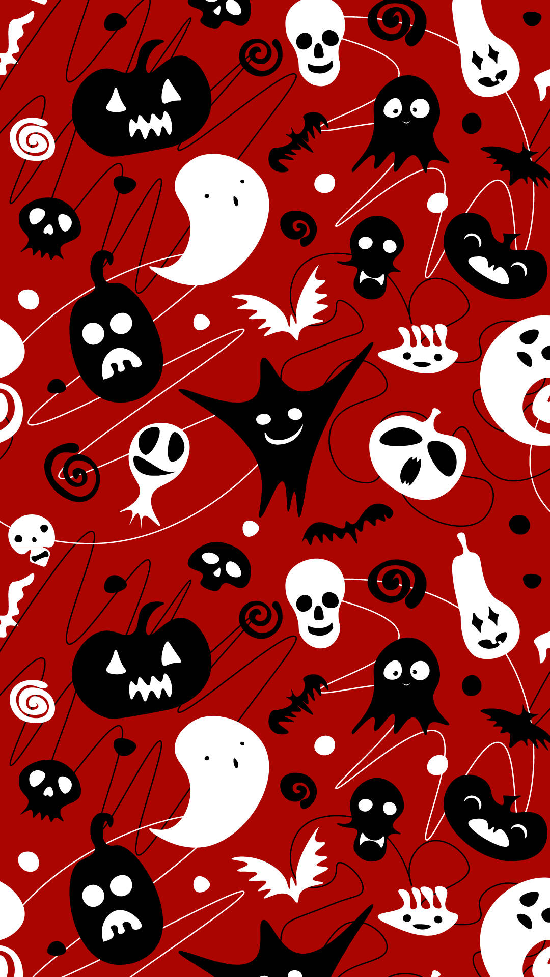Spooky Season 桌布 壁紙 — 充滿玩味黑白萬聖節圖案（如南瓜、鬼魂、蝙蝠和骷髏頭）的鮮紅色桌布。