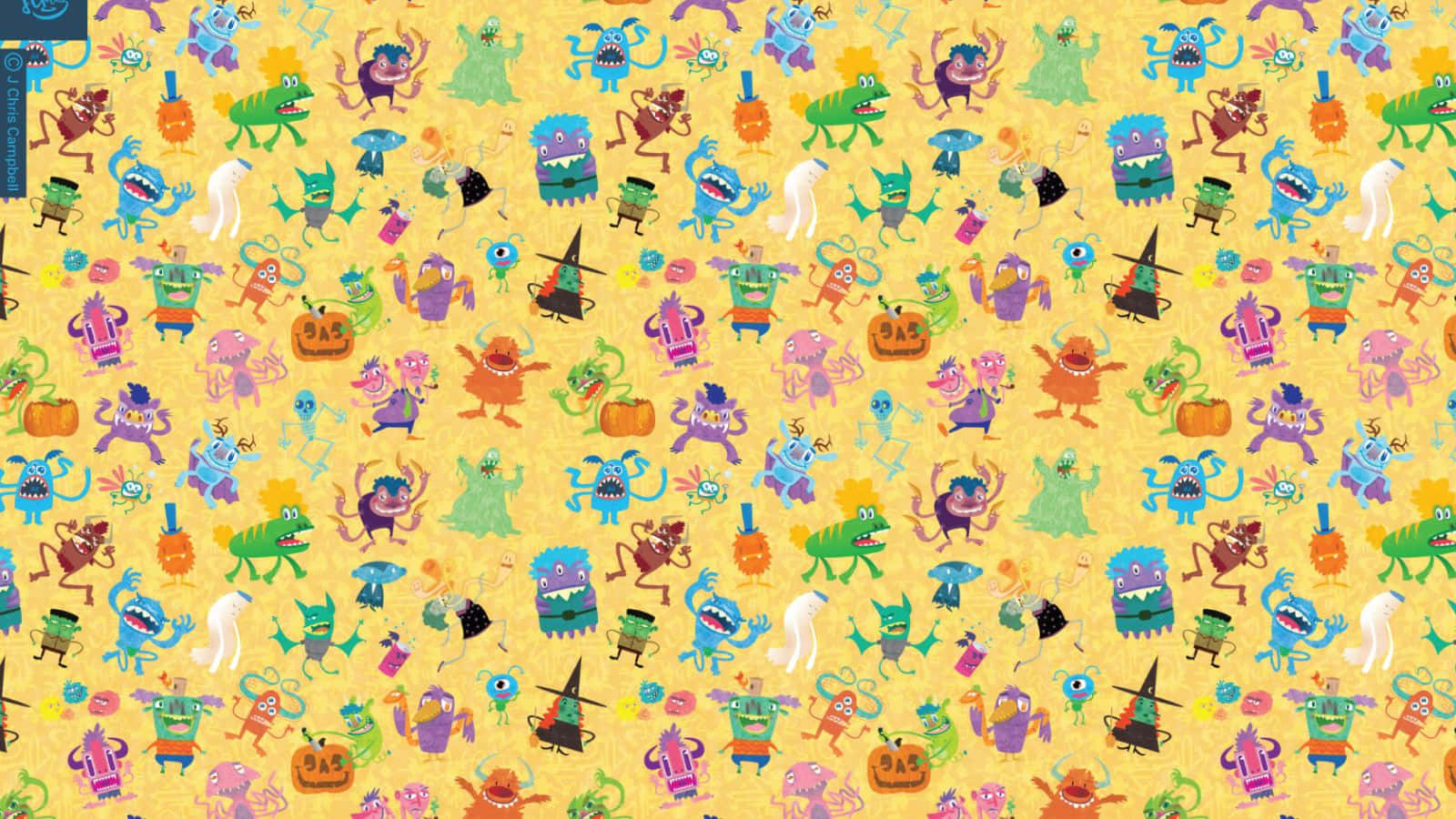 Kidcore Aesthetic 桌布 壁紙 — 充滿玩樂卡通怪物拿著南瓜和糖果的鮮黃色壁紙。