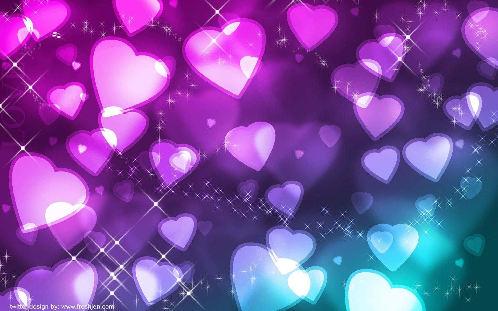 Rainbow Heart 桌布 壁紙 — 充滿發光心形和閃爍星星的紫色和藍綠色鮮豔漸變，營造出神奇的浪漫氛圍。