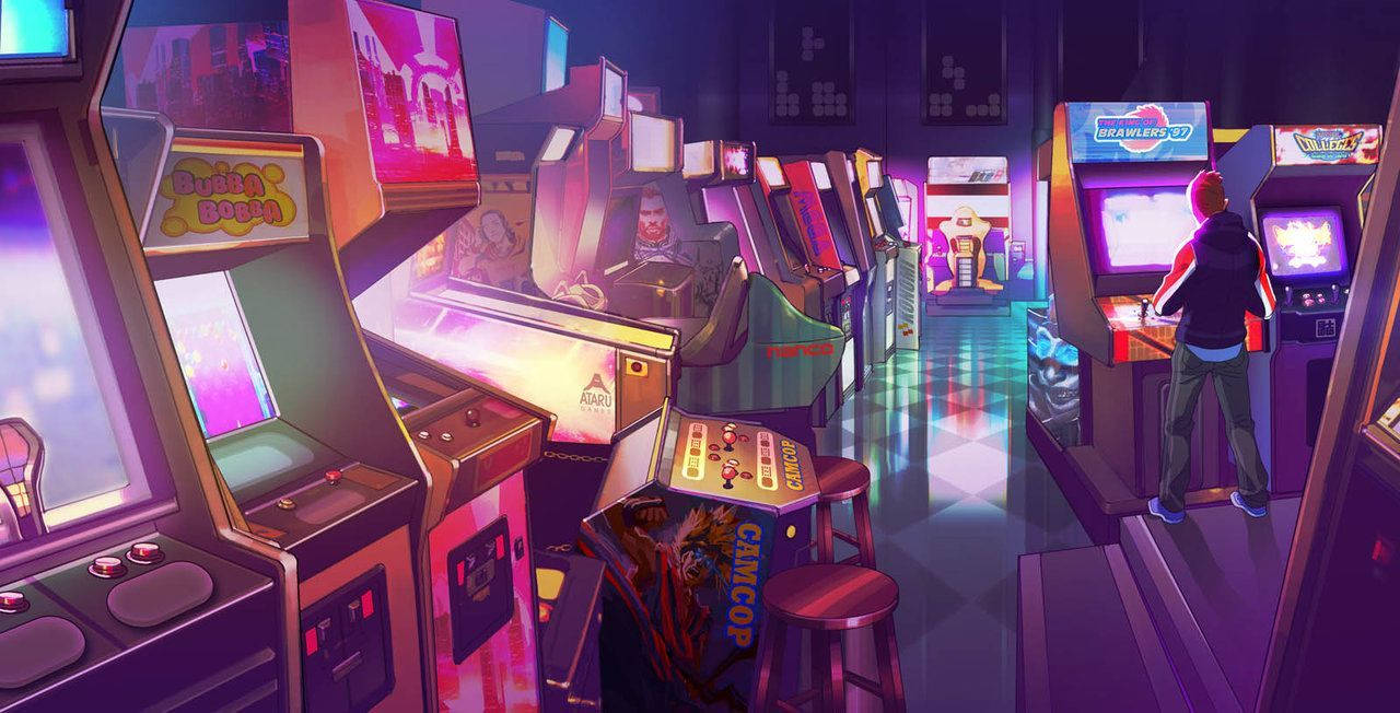 arcade 桌布 壁紙 — 充滿發光機器的充滿活力的復古遊戲機中心，以及一個沉浸在經典遊戲中的孤獨玩家。
