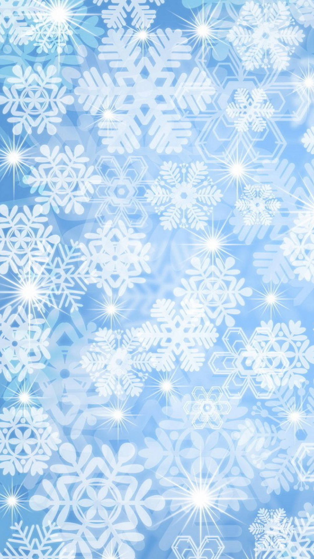 Snowflake iPhone 桌布 壁紙 — 充滿發光白色雪花和星光的鮮豔藍色背景，營造出節日冬季仙境。