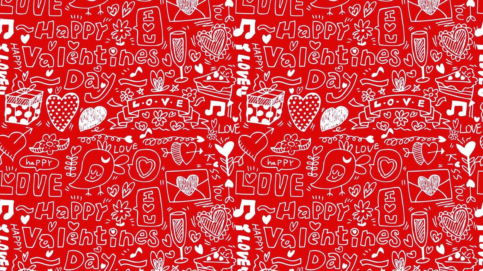 Valentines 桌布 壁紙 — 充滿白色塗鴉愛心、花朵、鳥類和文字的鮮豔紅色桌布，慶祝情人節。