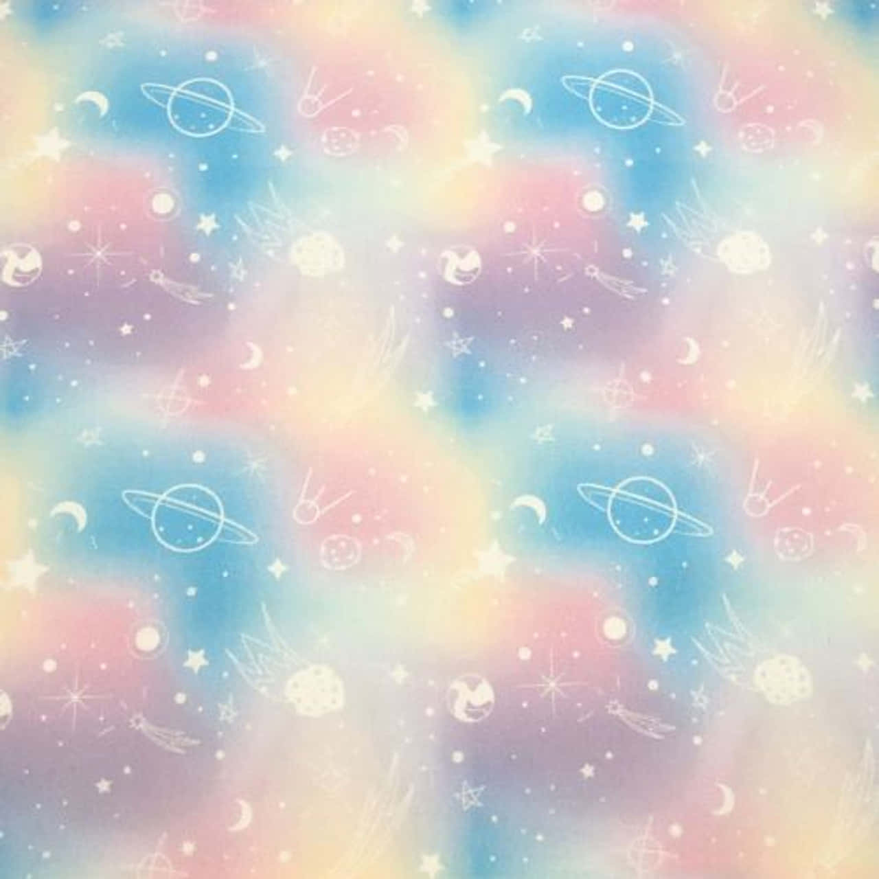 Pastel Galaxy 桌布 壁紙 — 充滿白色輪廓星星、月亮、行星和流星的粉彩漸變天空，構成夢幻宇宙圖案。