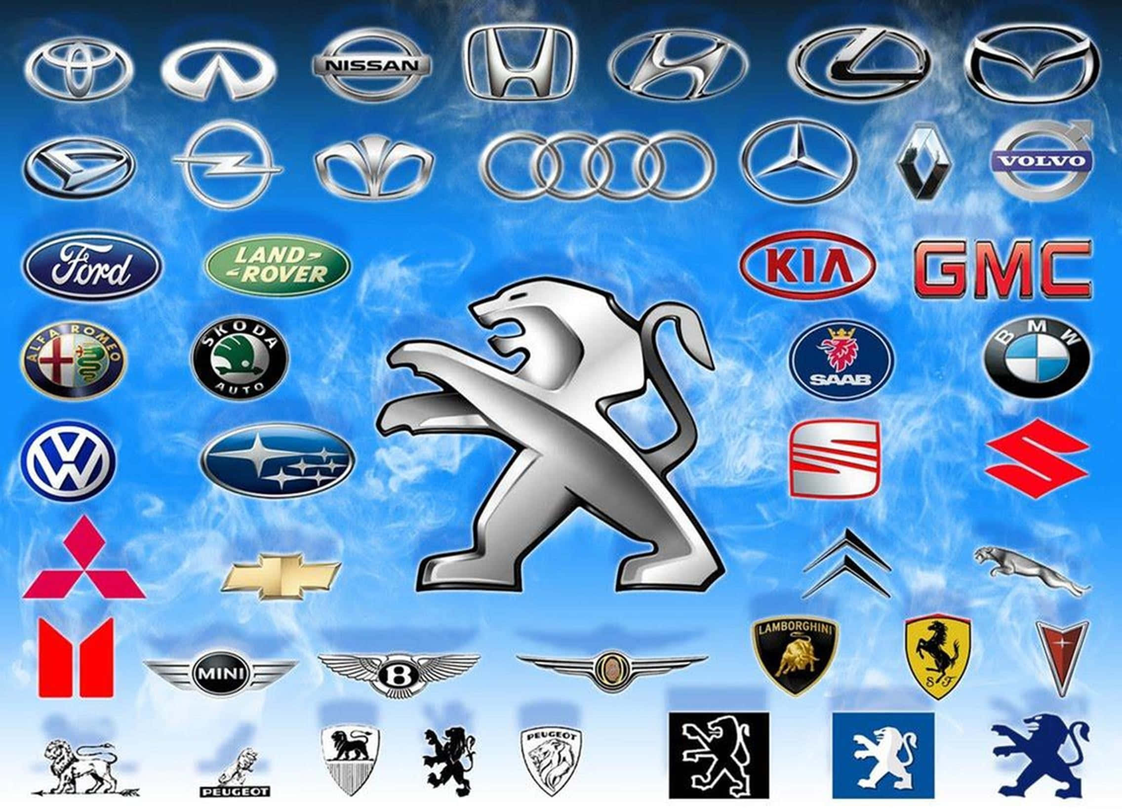 Car Logo 桌布 壁紙 — 充滿眾多汽車製造商標誌的鮮豔藍天背景，中央有一個大型標緻獅子標誌。