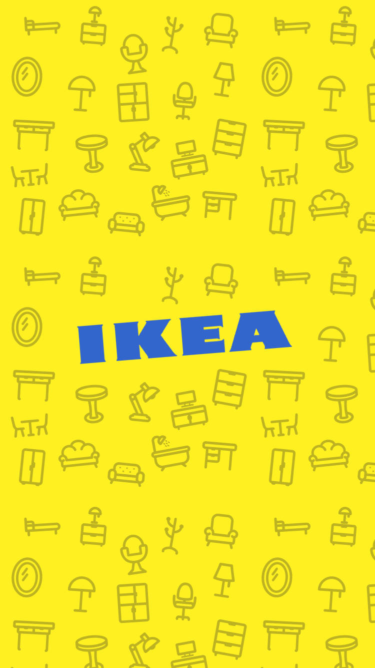 手機 桌布 壁紙 — 充滿簡約家具圖標和粗體藍色 IKEA 標誌的鮮豔黃色背景。