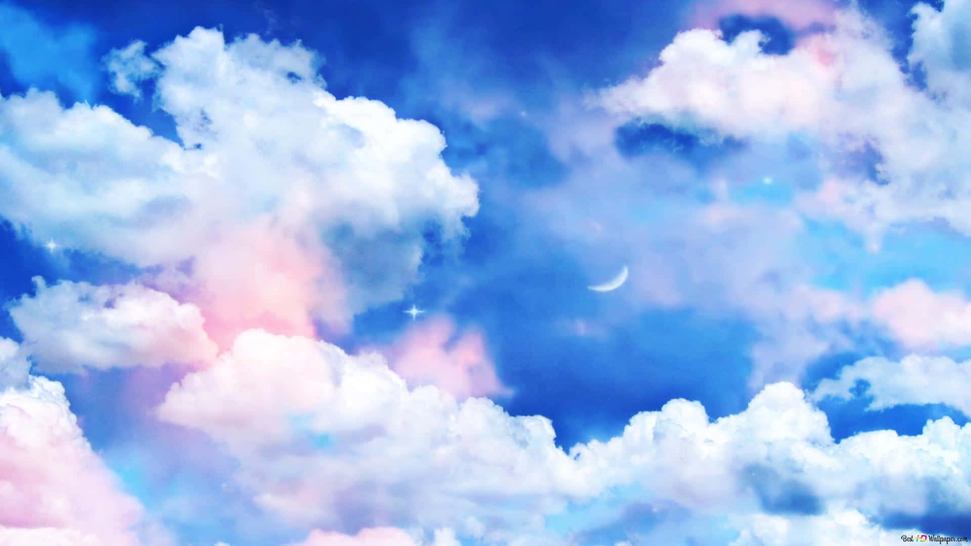 桌布 壁紙 — 充滿粉紅色調的蓬鬆白雲和閃爍星星以及一彎新月的鮮豔藍天。