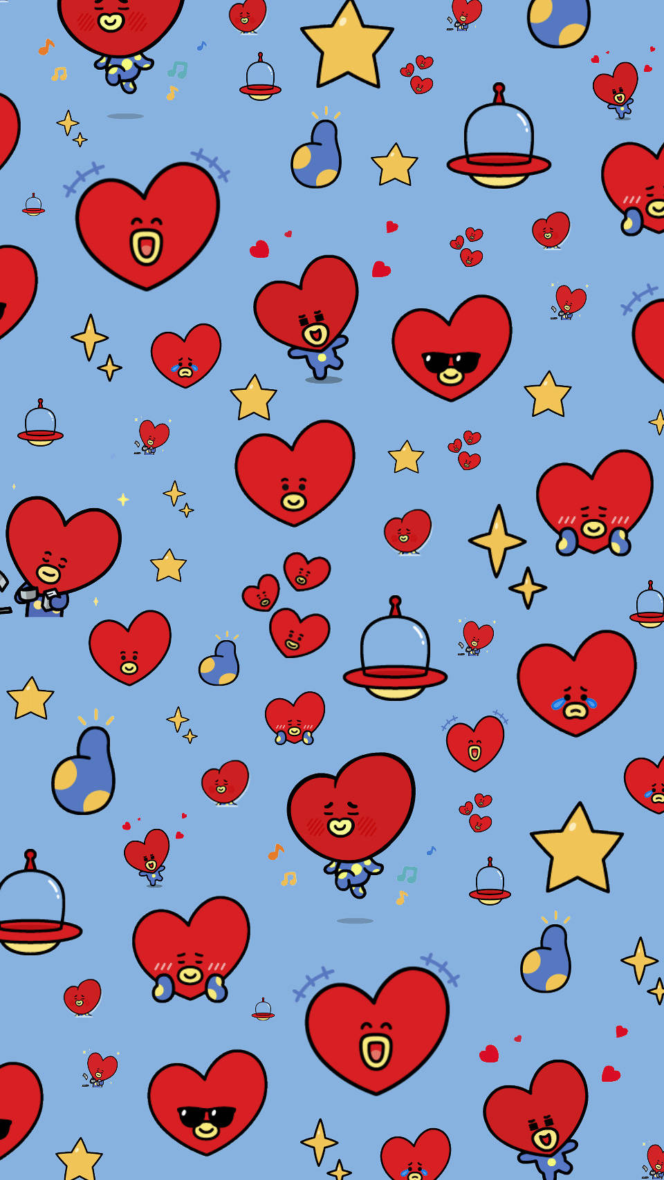 帶有紅色心心角色、黃色星星和飛碟的藍色背景。 — BT21 GIF 壁紙