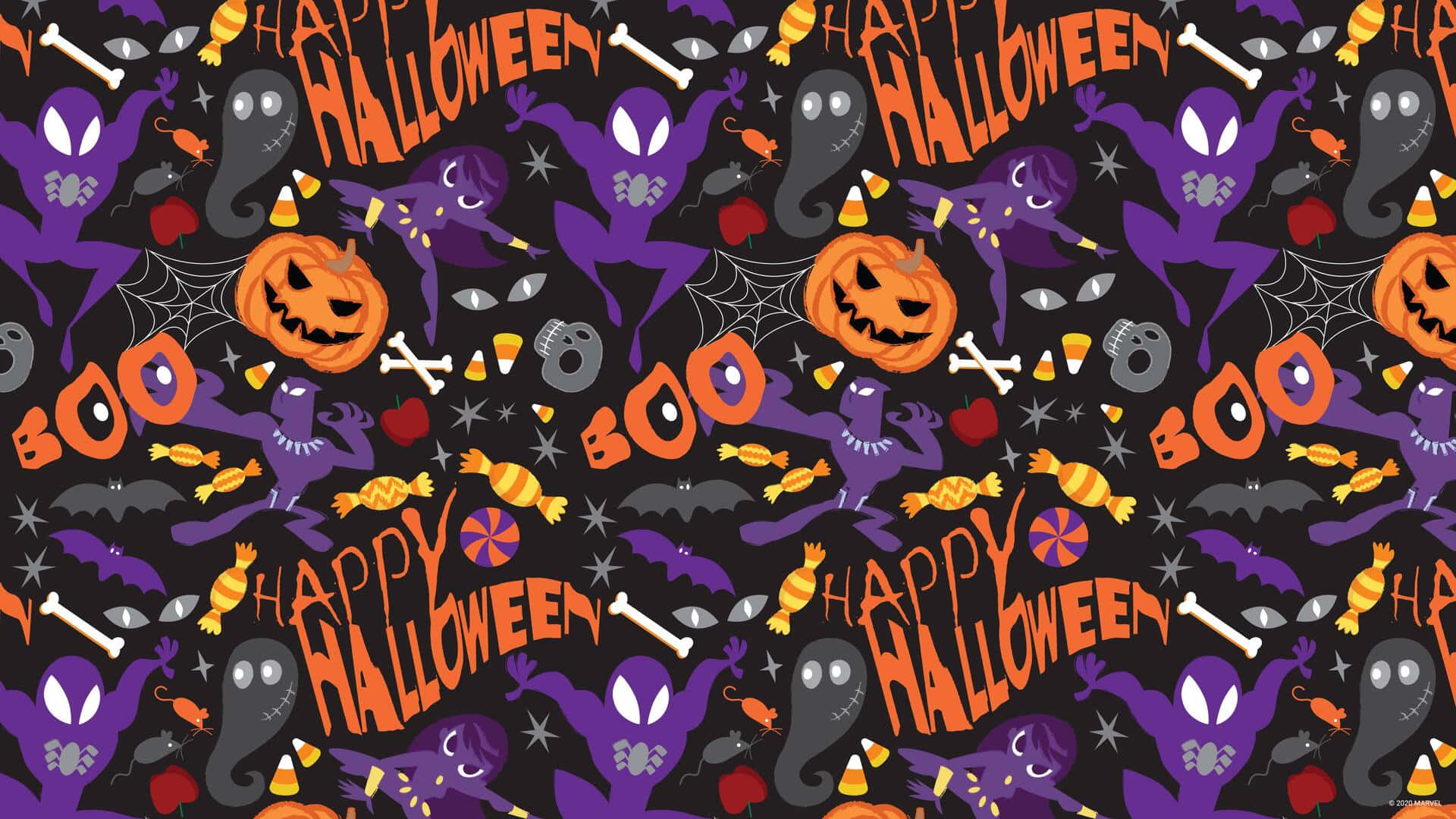 Halloween Desktop 桌布 壁紙 — 充滿紫色鬼魂、南瓜、骨頭和糖果玉米的節日萬聖節桌布，背景為黑色。