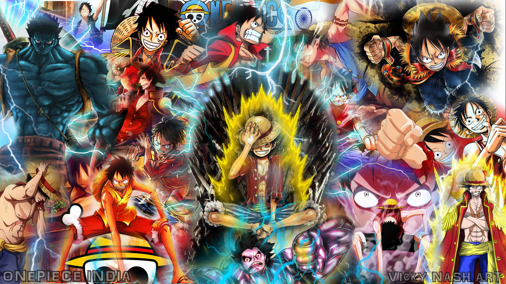 one piece art 桌布 壁紙 — 充滿能量和閃電效果的One Piece角色動態動漫拼貼畫。
