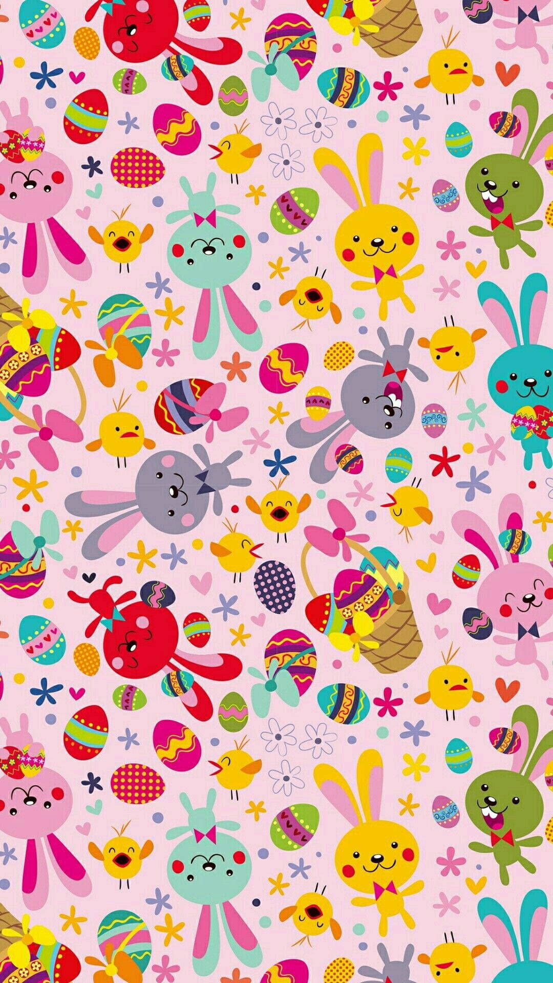 Easter iPhone 桌布 壁紙 — 充滿色彩繽紛卡通兔子、小雞和圖案蛋的愉快粉紅色桌布，散落在花朵和心形之間。