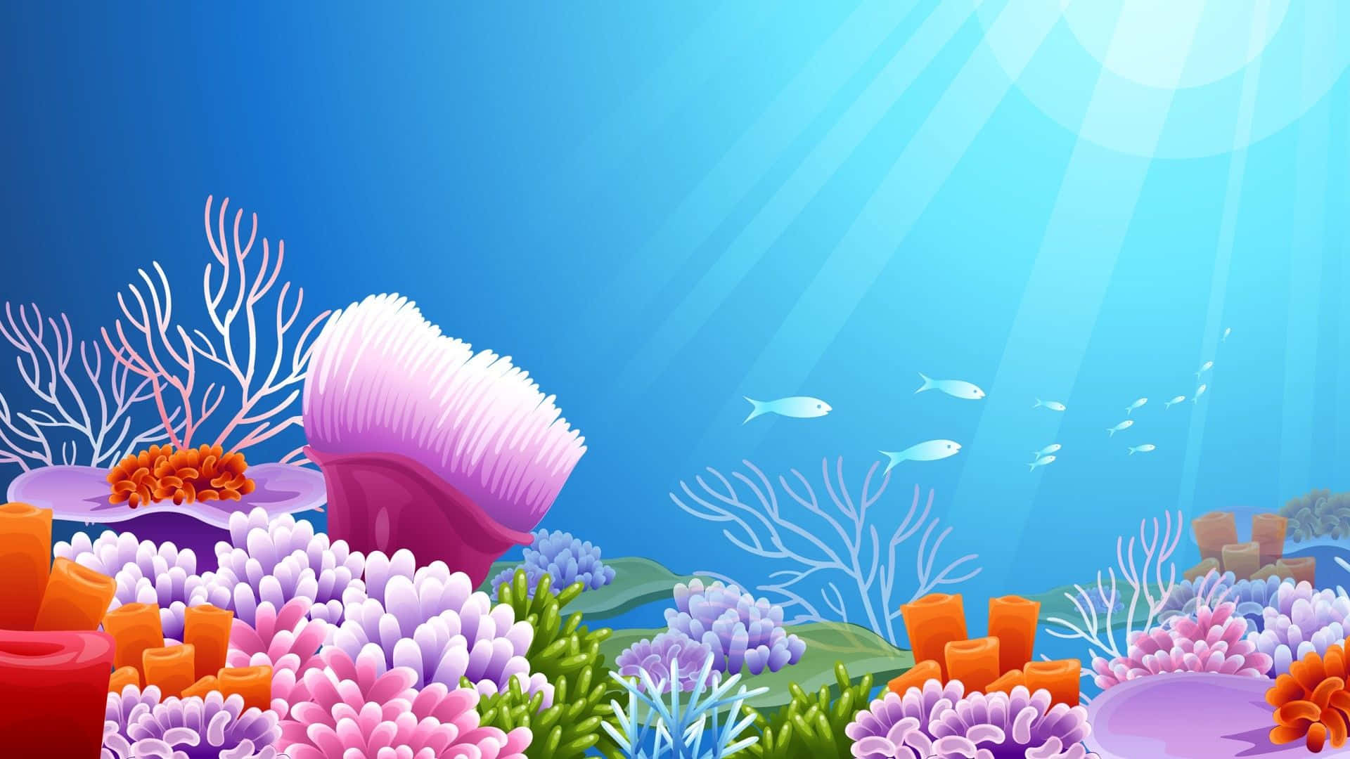 色彩繽紛的珊瑚礁，魚兒在清澈藍色海水中於陽光下游動。 — 水下動畫 壁紙