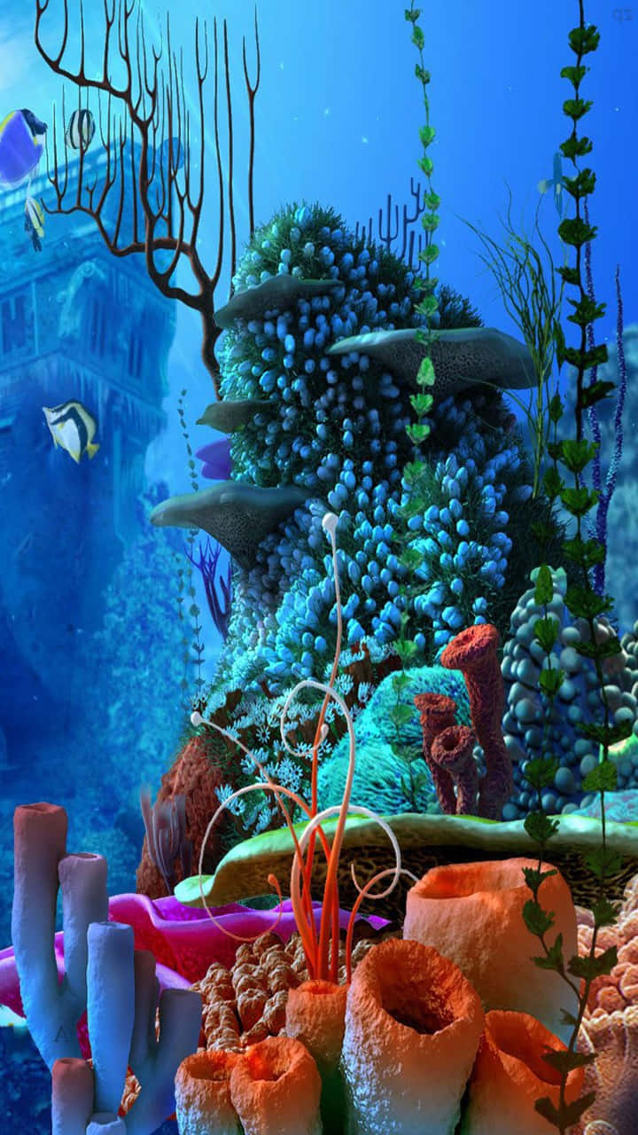 Aquarium iPhone 桌布 壁紙 — 充滿色彩繽紛海洋生物和發光海洋植物的 vibrant 珊瑚礁，在清澈的藍色海水下。