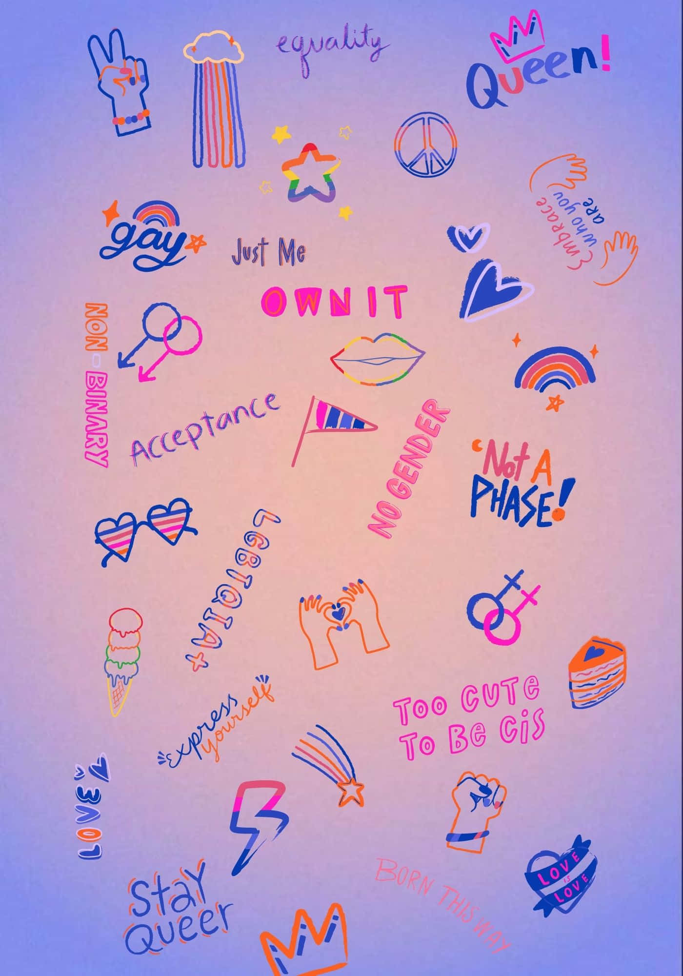 酷 桌布 壁紙 — 充滿色彩繽紛的LGBTQ+肯定語句和符號（如彩虹、和平標誌和驕傲旗幟）的鮮豔粉彩背景。