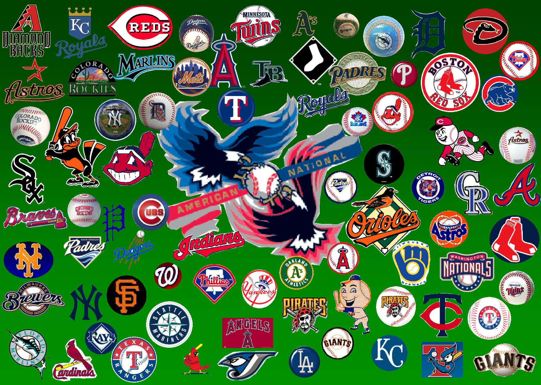 MLB Baseball League 桌布 壁紙 — 充滿色彩繽紛的美國職棒大聯盟球隊和吉祥物標誌的鮮綠色背景。