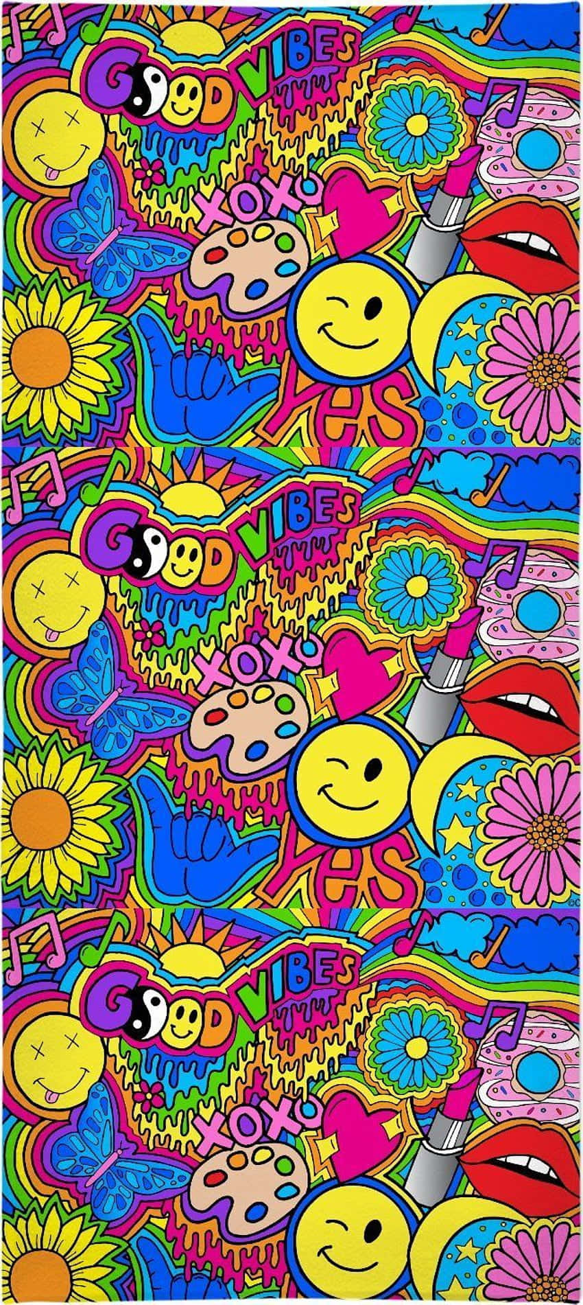 桌布 壁紙 — 充滿色彩繽紛笑臉、花朵、音符和「good vibes」文字的鮮豔迷幻壁紙，呈現混亂而歡樂的圖案。
