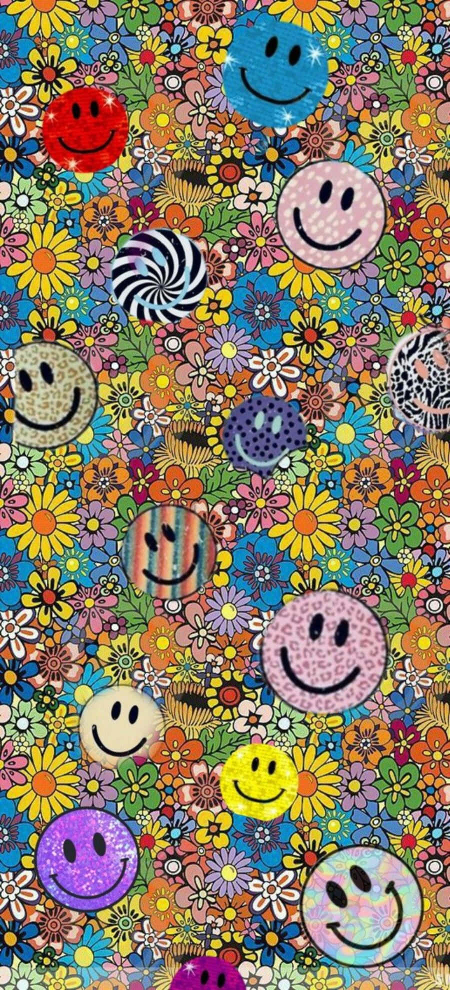 Aesthetic Smiley Face 桌布 壁紙 — 充滿色彩繽紛花朵和笑臉的鮮豔壁紙，採用閃亮圖案，背景為藍色。