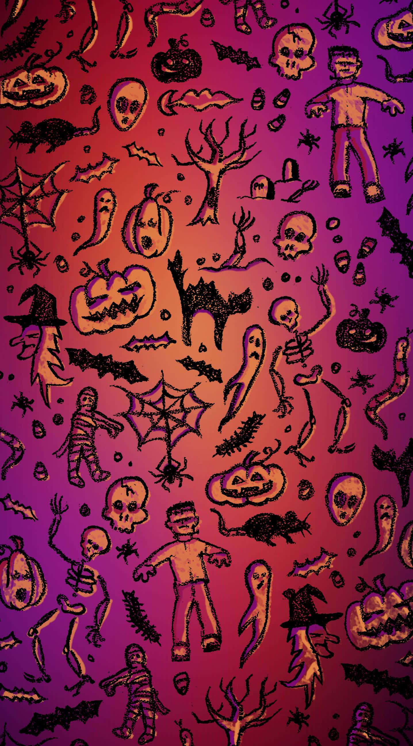 Purple Halloween 桌布 壁紙 — 充滿萬聖節元素的生動桌布，包括南瓜、骷髏頭、蝙蝠和鬼魂等恐怖塗鴉，背景為紫色和橙色的漸變色。