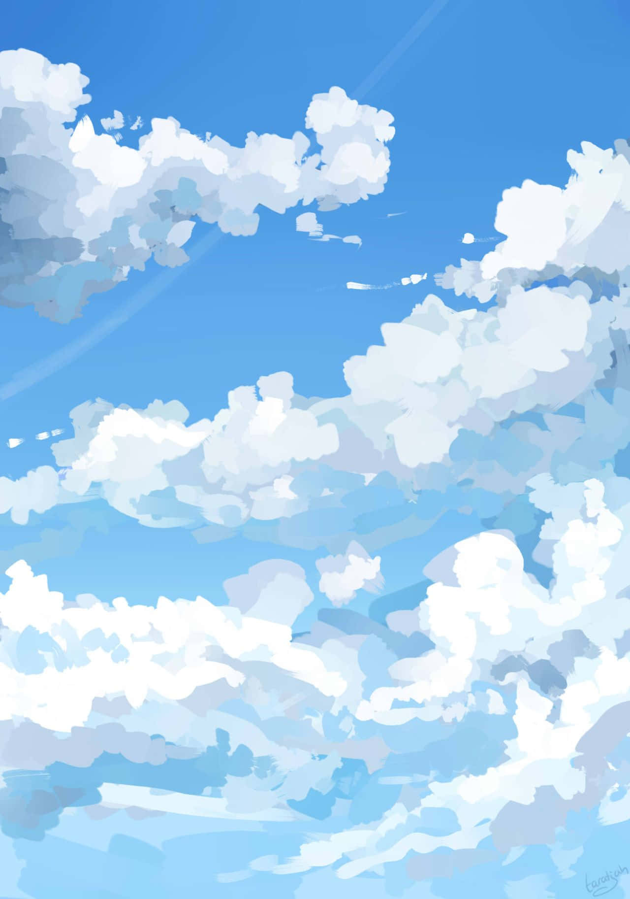 Painting 桌布 壁紙 — 充滿蓬鬆白雲的鮮豔藍天，以柔和數位筆觸繪製。