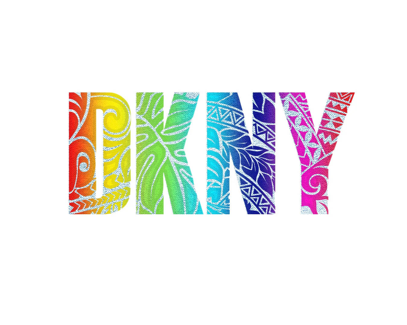 品牌 桌布 壁紙 — 充滿複雜部落圖案的鮮豔彩虹色 DKNY 標誌字母，襯以潔白背景。
