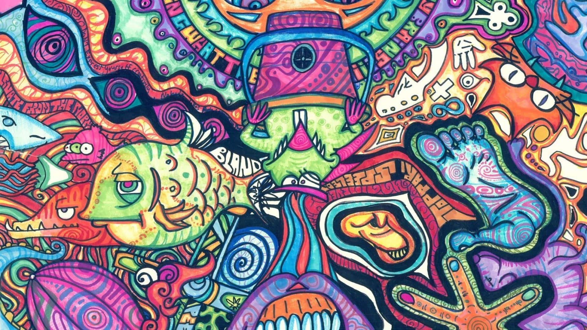 嬉皮 桌布 壁紙 — 充滿超現實生物和電光色彩漩渦圖案的鮮豔迷幻插圖。